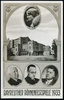 BAYREUTH 1933 (6.8.) S/w.-Foto-Ak.: BAYREUTHER BÜHENFESTSPIELE 1933 = Festspielhaus, Portraits Winifred Wagner, R. Strau - Music