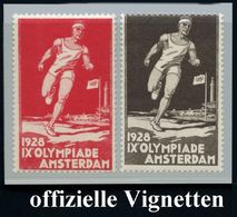 NIEDERLANDE 1928 2 Verschiedene, Amtl. Reklame-Vignetten: IXe OLYMPIADE AMSTERDAM In Rot U. Braun (Läufer, Stadion, Olym - Estate 1928: Amsterdam