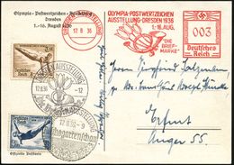 DRESDEN AUSSTELLUNG/ OLYMPIA-POSTWERTZEICHEN/ AUSST./ .."DIE/ BRIEF-/ MARKE" 1936 (12.8.) AFS 003 Pf. (Tulpen, Posthorn) - Zomer 1936: Berlijn