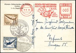 DRESDEN AUSSTELLUNG/ OLYMPIA-POSTWERTZEICHEN/ AUSST./ .."DIE/ BRIEF-/ MARKE" 1936 (12.8.) AFS 003 Pf. (Tulpen, Posthorn) - Verano 1936: Berlin