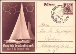 Kiel 1936 (1.8.) 15 + 10 Pf. Olympia-P. Segelwettkämpfe Kiel + Seltener SSt: BERLIN OLYMPIA-STADION/ag/ XI.Olympiade = E - Summer 1936: Berlin