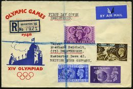 GROSSBRITANNIEN 1948 (29.7.) Olympische Spiele, Kompl. Satz + Bl. RZ: BRIGHTON 56 , Ausl.-R-FDC-SU. (Wembley-Stadion) N. - Verano 1948: Londres