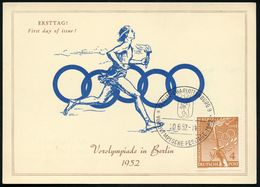 BERLIN-CHARLOTTENBURG 9/ VOROLYMPISCHE FESTTAGE 1952 (20.6.) SSt Auf EF 4 Pf. Vor-Olympiade (Bo.543) Ersttags-Gedenkblat - Sommer 1952: Helsinki