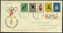 NIEDERLANDE 1956 (27.8.) Olympiade, Kompl. Satz + ET-SSt ('s-GRAVENHAGE) + RZ: Hilversum, Ausl.-R-FDC-SU.  (Mi.678/82) - - Ete 1956: Melbourne