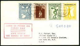 PERU 1956 (15.4.) Olympische Spiele, Kompl. Satz (Basketball, Diskus, Schießen) + Hs. R-Nr. (Lima) Seltener Übersee-R-FD - Estate 1956: Melbourne