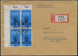 B.R.D. 1968 (6.6.) 50 + 25 Pf. Carl Diem, Bogen-Eckrand-4er-Block = Erfinder Der Olymp. Fackellaufes, Organisator Der Ol - Ete 1972: Munich