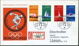 8 MÜNCHEN 2/ OLYMPIA-MARKEN/ ERSTAUS-GABETAG 1972 (5.6.) SSt (Ringe-Turner) A. Kompl. Satz Olympia (Mi.734/37) + Sonder- - Ete 1972: Munich