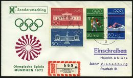 8 MÜNCHEN 2/ HANDBALL/ A 1972 (26.8.) SSt Auf Olympia-Frankatur Satz-Höchstwerte (Mi.626/7, 721/22) + Sonder-RZ: 8 Münch - Zomer 1972: München