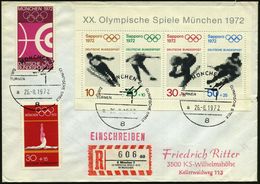 8 MÜNCHEN 2/ TURNEN/ A.. 1972 (26.8.) SSt (Turn-Piktogr.) 3x Auf Olympia-Frankatur (Mi.Bl.6 U.a.) + Sonder-RZ: 8 München - Zomer 1972: München