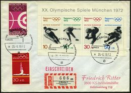 8 MÜNCHEN 2/ TURNEN/ A.. 1972 (26.8.) SSt (Turn-Piktogr.) 3x Auf Olympia-Frankatur (Mi.Bl.6 U.a.) + Sonder-RZ: 8 München - Verano 1972: Munich