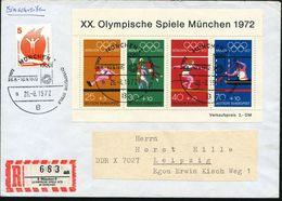 8 MÜNCHEN 2/ OLYMP.SPIELE/ 26.8.-10.9./ A 1972 (26.8.) SSt Vom Eröffnungstag 3x Auf Olympia-Block (Mi.Bl.8 + 25.- EUR) + - Sommer 1972: München