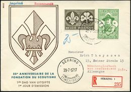 BELGIEN 1957 (29.7.) "50 Jahre Scout-Bewegung", überkompl. Satz (1x 80 C. Rs. U.a.) ET-St + RZ: SERAING 1, Ausl.-R-FDC-S - Storia Postale
