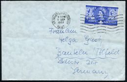 GROSSBRITANNIEN 1957 (5.9.) 4 P. "World-Jamboree", Blau, EF (Schwalben-Motiv!) + Bahnpost-MaSt.: BROMLEY & BECKENHAM, Po - Storia Postale