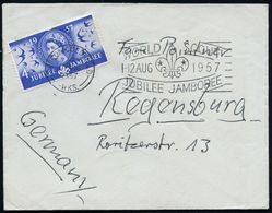 GROSSBITANNIEN 1957 (7.8.) MWSt: SUTTONCOLDFIELD/WKS./WORLD SCOUT/JUBILEE JAMBOREE.. (Lilie) Auf Passender EF 4 P. "Worl - Storia Postale