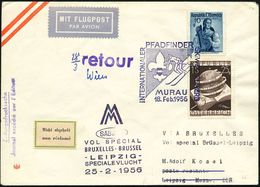 ÖSTERREICH 1956 (18.2.) Viol. SSt: MURAU/INTERNAT./PFADFINDER/SKIWETTBEWERB (Abfahrtsläufer, Lilie) + Viol. Erstflug-HdN - Storia Postale