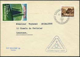 SCHWEIZ 1956 (28.7.) Seltener SSt.: SAIGNELEGIER/5e CAMP NATIONAL DES ECLAIREUERS SUISSES (Lilie) + Color-Vign.: 5e Camp - Storia Postale