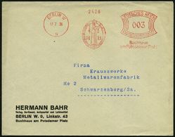 BERLIN W/ 9/ BUCHHAUS HERM.BAHR/ ARCHIV/ BIBLIOTHEK.. 1936 (17.7.) Dekorat. AFS = Justitia Mit Schwert U. Waage, Rs. Rek - Police - Gendarmerie