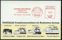 7400 Tübingen 1983 (8.4.) AFS: VORFÜHRSTEMPEL/POSTALIA/ Amnesty International , Seltene Postalia-Musterkt.!  (= Specimen - Polizei - Gendarmerie