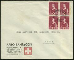 DÄNEMARK 1945 (10.12.) 5 Ö. + 5 Öre Rotkreuz, Reine MeF: 4er-Block (1 Marke Rechts Zahnstockig) Dekorat. Firmenbf.: ARBO - Cruz Roja