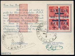 FRANKREICH 1944 (Dez.) 30 C. Hermes, 4er-Block M.blauem Befreiungs-RK-Spenden-Aufdruck: S.S.M D.I.A./NOEL 1944/ F.F.I  F - Croix-Rouge