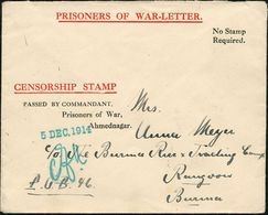 INDIEN 1914 (5.12.) Vordr.-Bf.: PRISONERS OF WAR-LETTER/ CENSORSHIP STAMP/..Prisoner Of War/Ahmednagar + Grüner Datums-H - Croix-Rouge