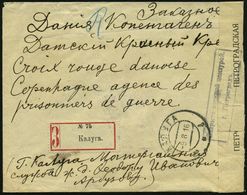 RUSSLAND 1916 (9.8.) 2K-Steg + Kyrill. Gez. RZ: KALUGA + Schw. Zensur-Ra.2 + Viol. Zensur-Ra.3: MILITÄRZENSUR PETROGRAD  - Croce Rossa