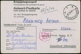 BELGIEN 1942 (4.4.) 1K: QUAREGNON/A1A + Roter Eingangs-Zensur-HdN In Schildform: 16/M.-Stamm-/lager II C/geprüft = Greif - Rode Kruis