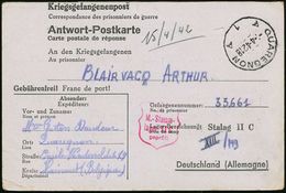 BELGIEN 1942 (4.4.) 1K: QUAREGNON/A1A + Roter Eingangs-Zensur-HdN In Schildform: 16/M.-Stamm-/lager II C/geprüft = Greif - Red Cross