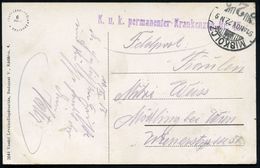 UNGARN 1915 (22.11.) 1K-Gitter: MISKOLCZ/2 + Viol. 1L: K. U. K. Permanenter Krankenzug Nr. 45 , Monochrome Feldpost-Ak.: - Medicina
