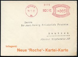 BERLIN N/ 24/ ROCHE 1931 (16.1.) AFS Auf Firmen-Bf. Der F. Hoffmann-La Roche & Co AG.. (für "Roche"-Kartei-Karten) Ohne  - Apotheek