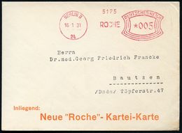 BERLIN N/ 24/ ROCHE 1931 (16.1.) AFS Auf Firmen-Bf. Der F. Hoffmann-La Roche & Co AG.. (für "Roche"-Kartei-Karten) Ohne  - Pharmazie