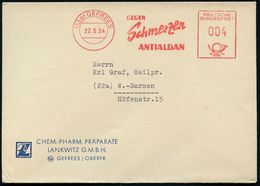 (13a) GEFREES/ GEGEN/ Schmerzen/ ANTIALGAN 1954 (22.5.) AFS Auf Firmen-Bf.: CHEM.-PHARM. PRÄPARATE LANKWITZ GMBH (Logo M - Farmacia