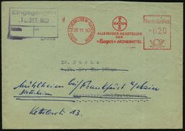 (22c) LEVERKUSEN-BAYERWERK/ BAYER/ ALLEINIGER HERSTELLER/ DER/ "Bayer" ARZNEIMITTEL 1950 (28.11.) AFS = Hauspostamt Fa.  - Apotheek