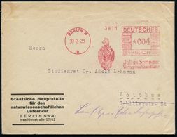 BERLIN W/ 9/ ALLE ZEIT WACH/ Julius Springer/ Verlagsbuchhandlung 1933 (30.3.) AFS = Springer (Pferd) Firmen-Bf: Staatl. - Scacchi