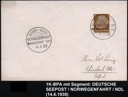 DEUTSCHES REICH 1938 (14.6.) 1K-Segm.-BPA: DEUTSCHE SEEPOST/NORWEGENFAHRT/NORDDEUTSCHER LLOYD , 2x Klar Gest. Inl.-Drs.  - Maritime