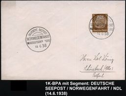 DEUTSCHES REICH 1938 (14.6.) 1K-Segm.-BPA: DEUTSCHE SEEPOST/NORWEGENFAHRT/NORDDEUTSCHER LLOYD , 2x Klar Gest. Inl.-Drs.  - Marittimi