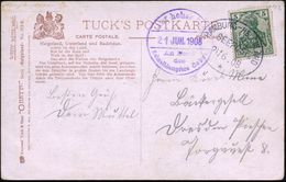 HAMBURG-HELGOLAND/ SEEPOST/ * 1908 (2.6.) Oval-BPA Mit Stern A. EF 5 Pf. Germania (Mi.85 EF) + Viol. 1K-HdN: Auf Hoher S - Schiffahrt