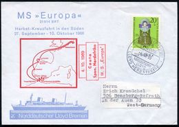 DEUTSCHE SCHIFFSPOST/ MS/ EUROPA/ ND/ L/ LLOYD HERBSTREISE 1969 (4.10.) 2K-BPA + Roter HdN: Ceuta/Span. Nordafrika.. Auf - Maritime