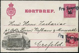 SCHWEDEN 1897 (21.11.) Privat-Reklame-Kartenbf. 10 Ö. Rot: HOTEL KRAMER/MALMÖ + Zusatzfrankat. 10 Ö. (Mi.43) 2x Schw. 2L - Maritiem