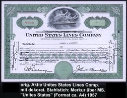 U.S.A. 1957 (3.3.) Orig. Aktie: UNITED STATES LINES COMPANY Mit Dekorat. Stahlstich: Merkur über MS. "United States" , D - Schiffahrt