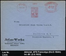 BREMEN/ 1/ ATLAS/ WERKE 1933 (2.5.) AFS 025 Pf. = Schiffsschraube (Firmen-Logo) Firmen-Bf.: Atlas-Werke/AG/ Maschinenfab - Maritime