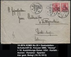 DEUTSCHES REICH /  PORTUGAL 1912 (18.10.) 1K-BPA.: KAIS. DEUTSCHE/MARINE-/SCHIFFSPOST/No.25 = SMS "Hansa", Großer Kreuze - Schiffahrt