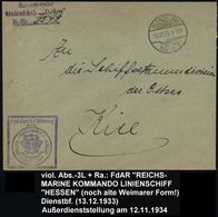 FLENSBURG-/ MÜRWIK 1933 (13.12.) 1K-Gitter + Viol. HdN: FdA/R/REICHSMARINE/KOMMANDO LINIENSCHIFF "HESSEN" (Weimarer Adle - Schiffahrt