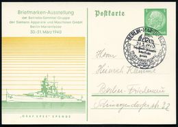 BERLIN-MARIENFELDE/ ..BRIEFMARKENSCHAU..SIEMENS 1940 (31.3.) SSt Auf Passender PP 5 Pf. Hindenbg., Grün: "GRAF SPREE-SPE - Marittimi