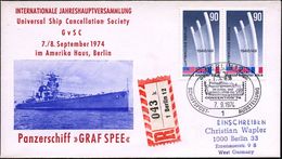 1 BERLIN 12/ CONVENTION'74/ SCHIFFSPOST-AUSSTELLUNG 1974 (7.9.) SSt = Panzerschiff "Graf Spee" Auf Paar 90 Pf. Luftbrück - Maritime