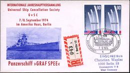 1 BERLIN 12/ CONVENTION'74/ SCHIFFSPOST-AUSSTELLUNG 1974 (7.9.) SSt = Panzerschiff "Graf Spee" Auf Paar 90 Pf. Luftbrück - Marítimo