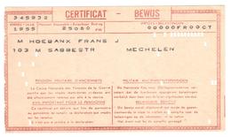 MALINES MECHELEN Belgique 1955 Carte Informatique PERFOREE Montant IMPOSABLE Déclaration Impôt Pension Militaire - 1950 - ...