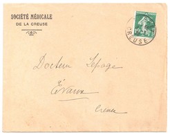 GUERET Creuse Imprimé Urgent De Moins De 50 G Ob 8 3 1925 Env Entête StéMédicale De La Creuse Semeuse 5c Vert Yv 159 - Covers & Documents