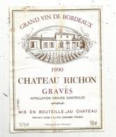 étiquette De Vin , Bordeaux , Chateau RICHON ,GRAVES , 1990 , Illats , Gironde - Bordeaux