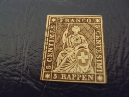SUISSE-1854 - Helvétia Non Dentelé N° 26a  -filet Jaune -papier Moyen -oblitéré " 5 Rappen Brun "  Cote  100   Net   25 - Used Stamps